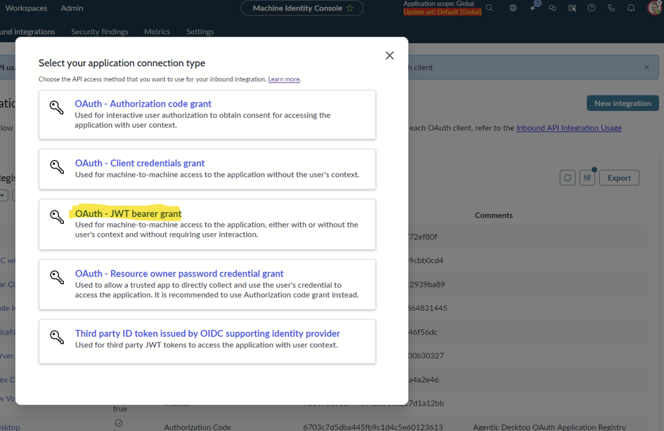 ServiceNow application connection type dialog with OAuth - JWT bearer grant selected.