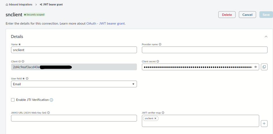 ServiceNow OAuth JWT bearer grant application details with generated Client ID and Client secret.