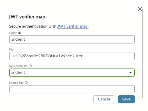 ServiceNow JWT verifier map with name, Kid, and certificate fields.