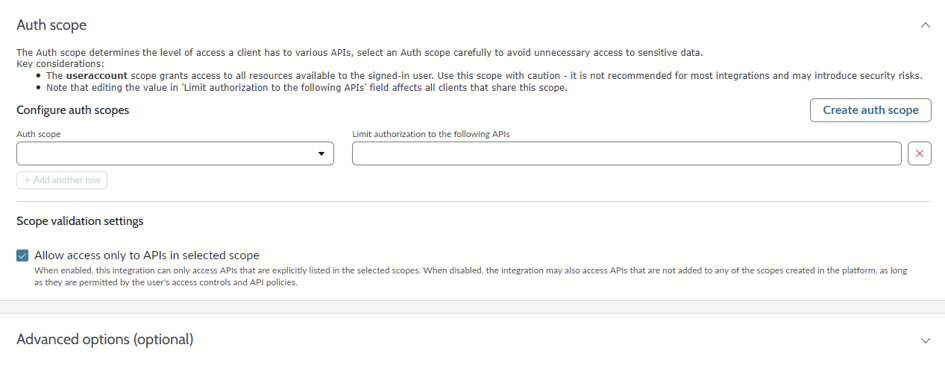 ServiceNow auth scope configuration for the OAuth JWT bearer grant application.