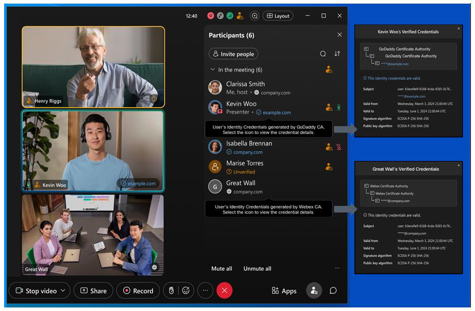 Security information within an E2E encrypted meeting