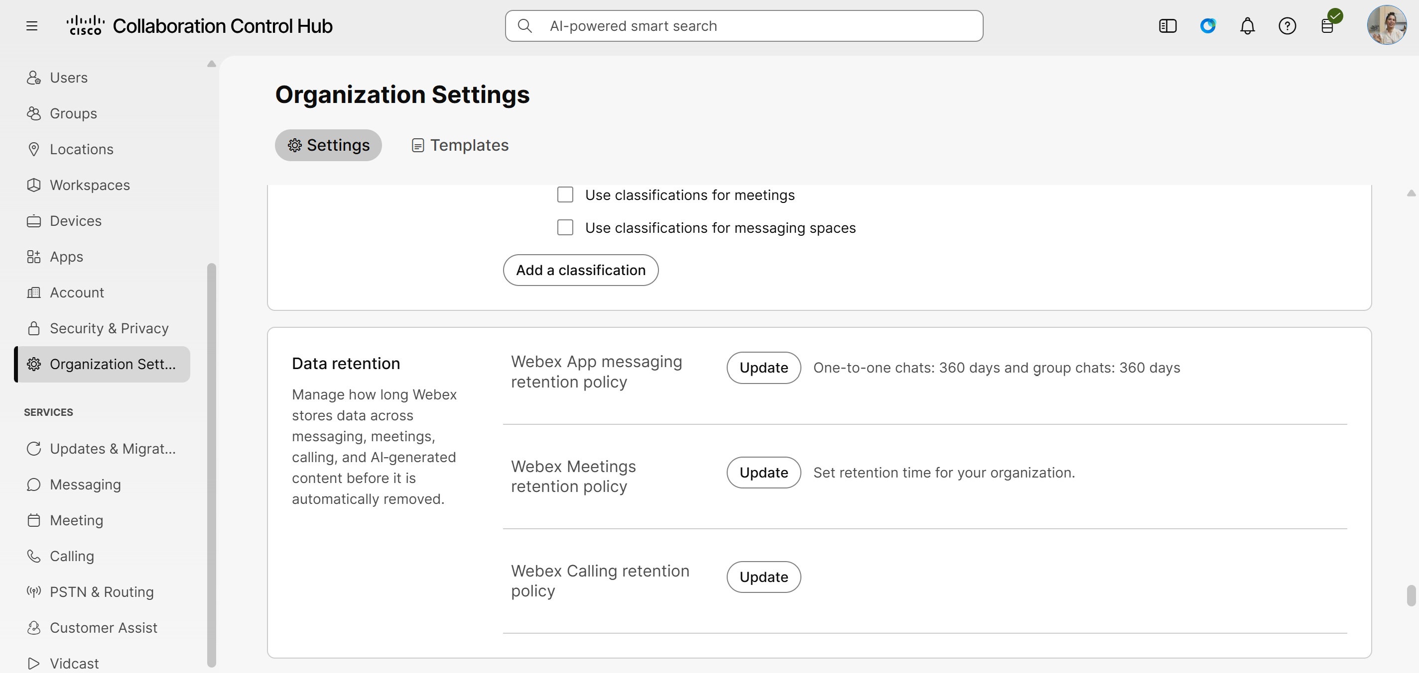 Configure retention period for Business texting for Organization