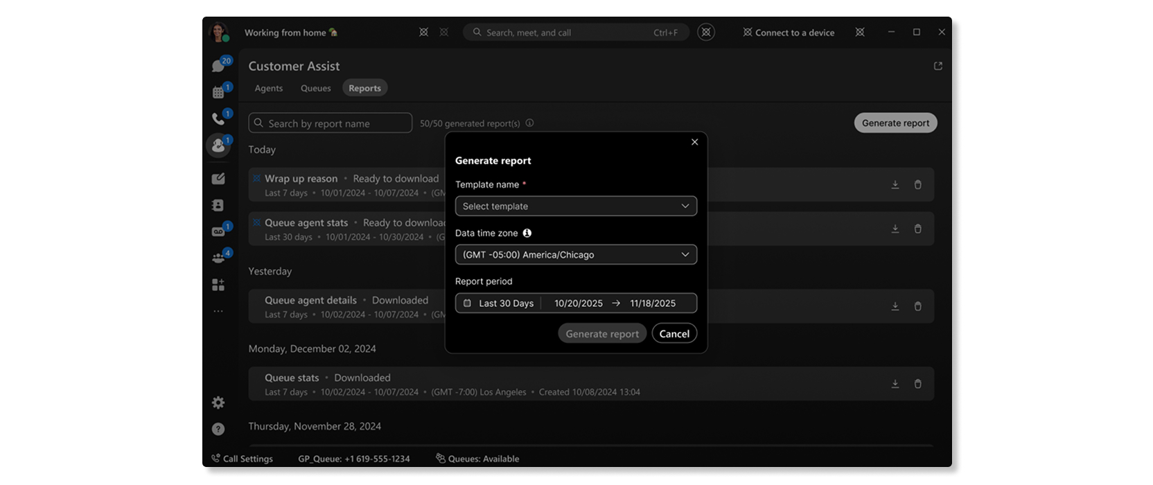 Screenshot of the Customer Assist Reports page with a “Generate report” dialog open, showing fields for template name, data time zone, and report period above Generate report and Cancel buttons.