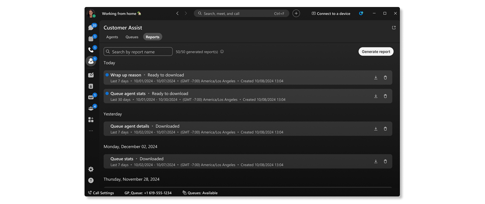 Screenshot of the Customer Assist Reports page showing a searchable list of generated reports grouped by date, with report statuses, date ranges, time zones, and download or delete actions.