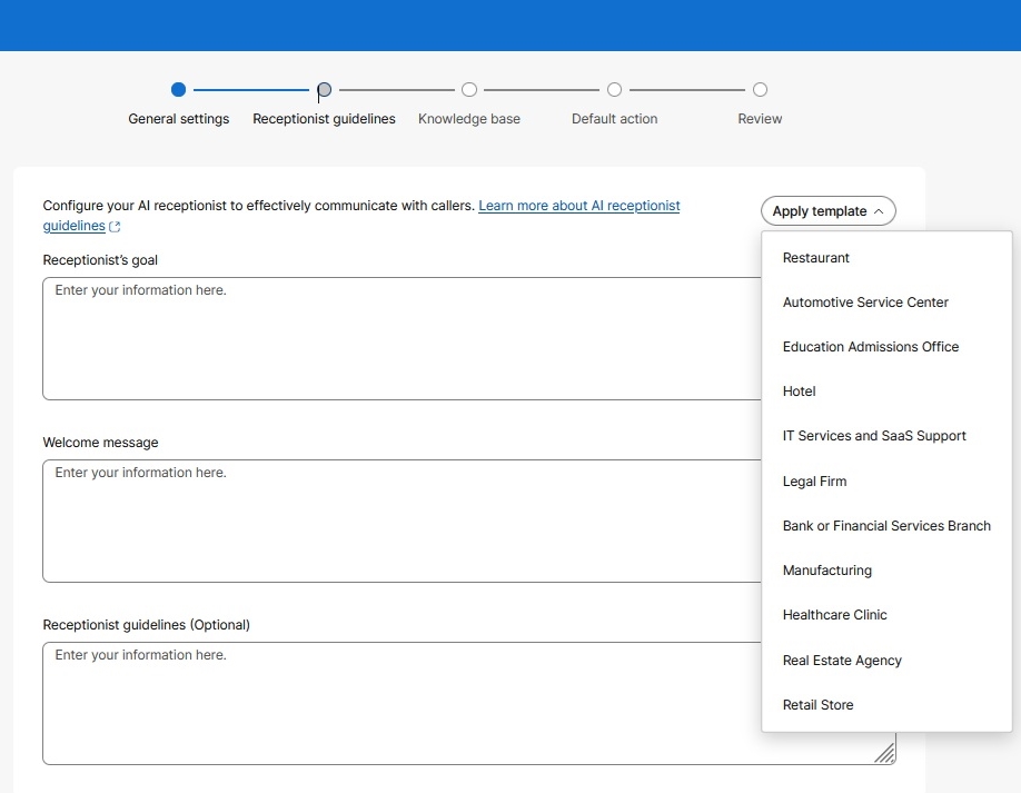 Select a guideline template for defining the AI Receptionist