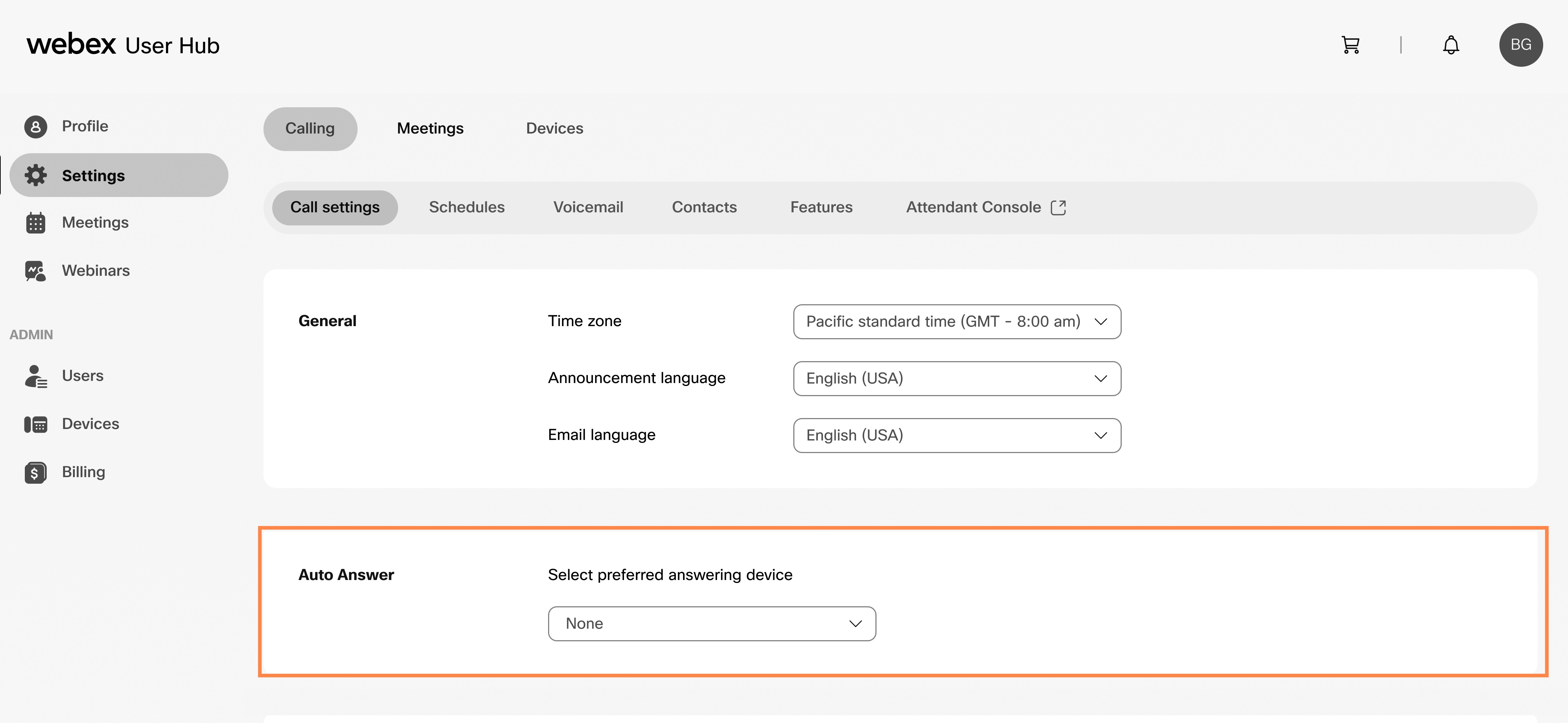 auto answer preferred device selection in user hub