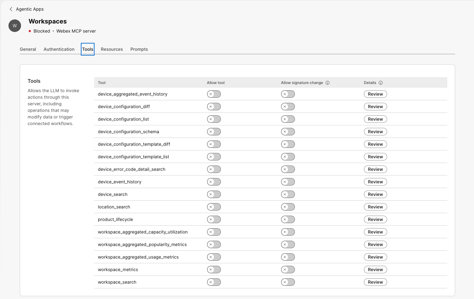 Workspaces MCP server Tools tab showing the available tools, with controls to allow each tool, allow signature changes, and review details.