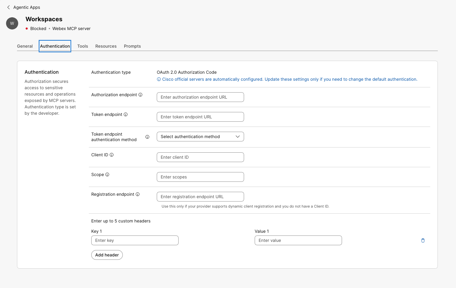 Workspaces MCP server Authentication tab showing OAuth 2.0 authorization code settings and custom header fields.