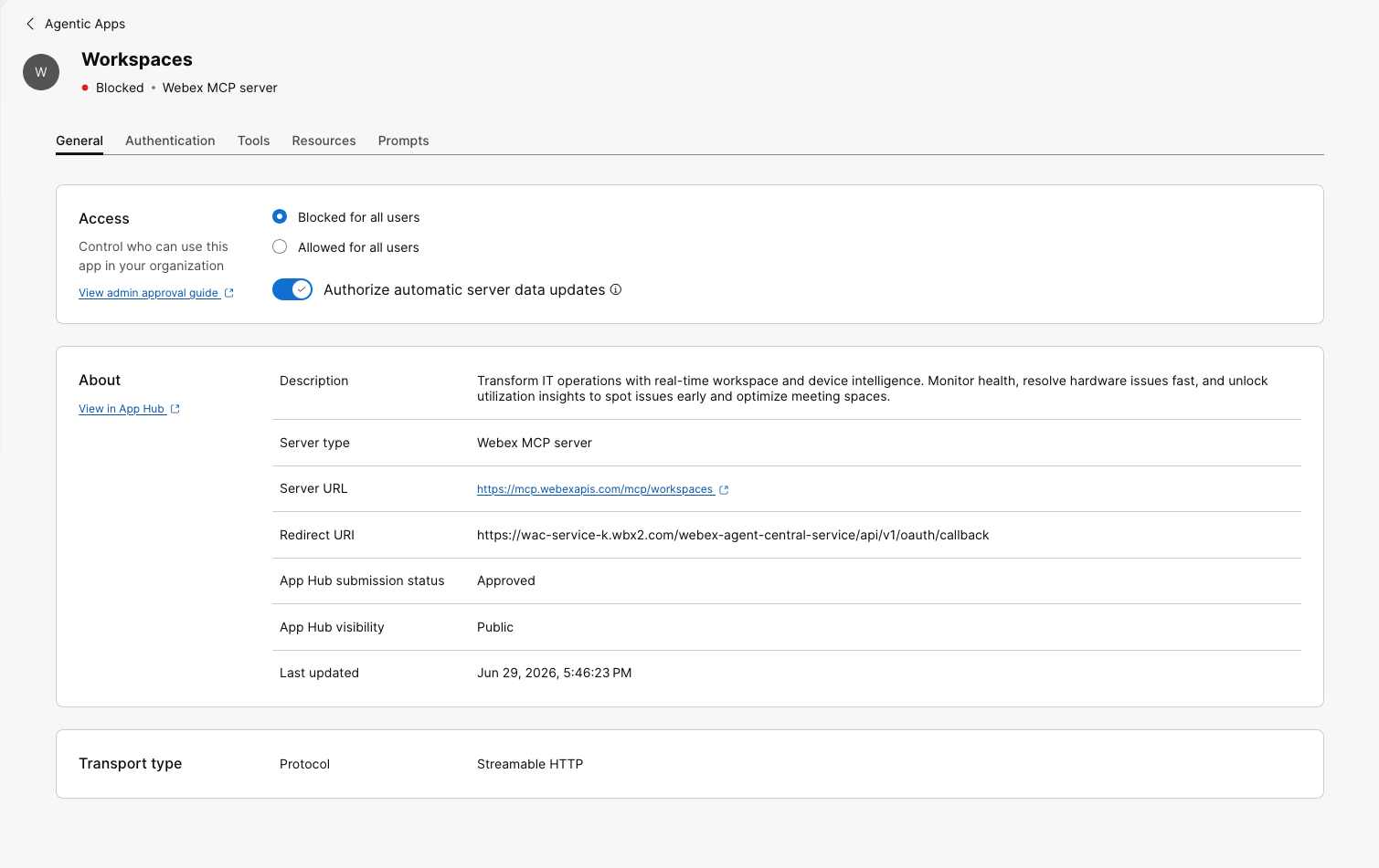 Workspaces MCP server General tab showing access settings, automatic server data updates, server details, and transport type.