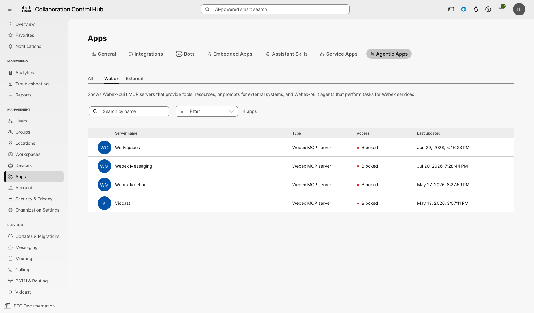 Control Hub Apps page with Agentic Apps selected and a list of Webex MCP servers, including Workspaces.