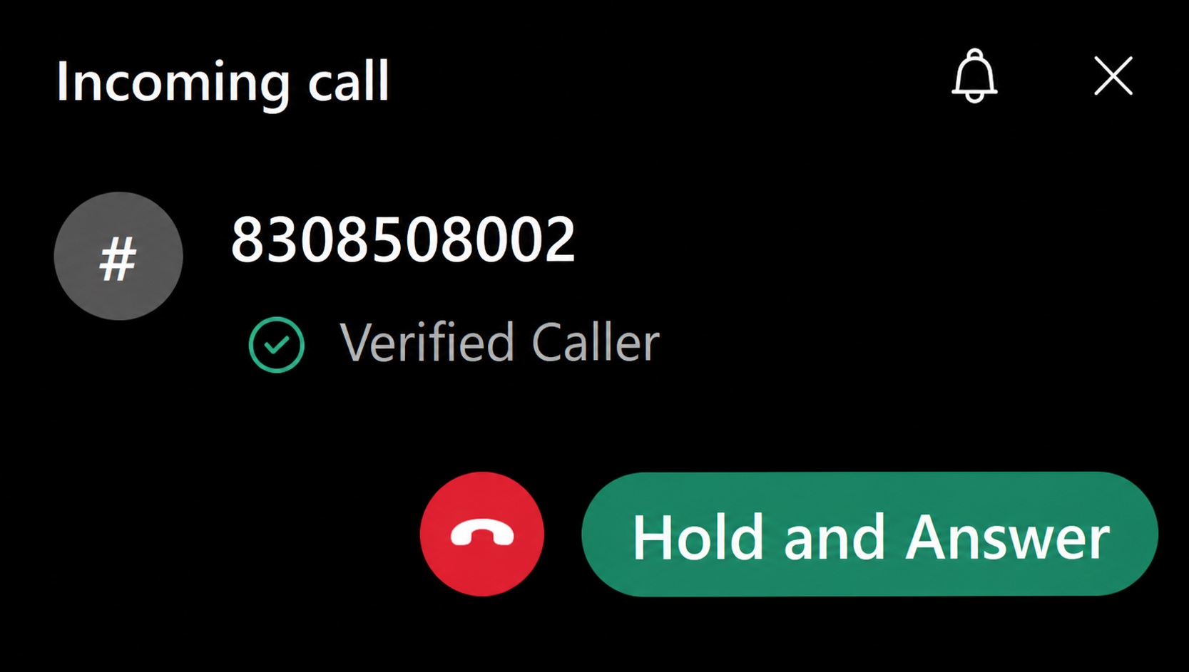 Webex App call-waiting notification showing a verified caller and the Hold and Answer option while the current call is placed on hold.