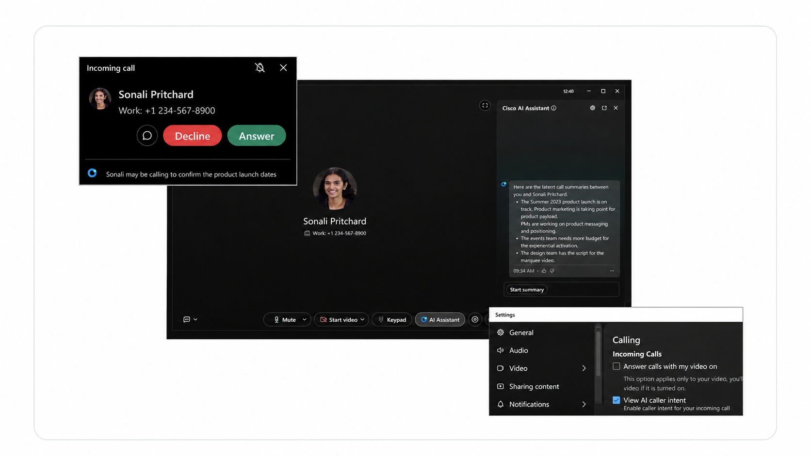 Screenshots showing Caller Intent on an incoming call, in Cisco AI Assistant, and in Webex App calling settings.