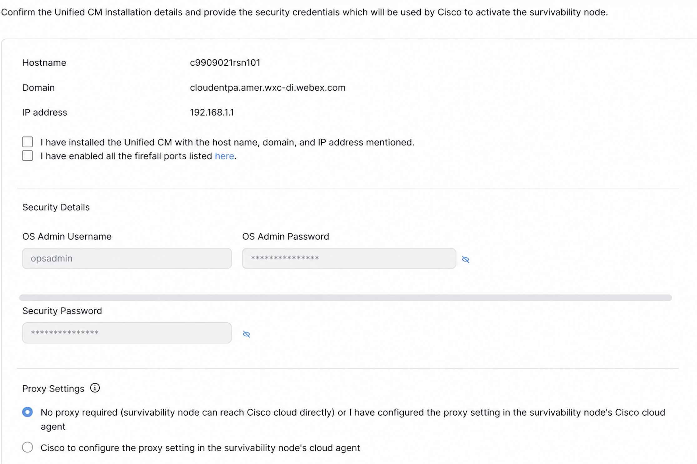 The image shows the Unified CM installation details, security credentials, firewall confirmation checkboxes, and proxy settings.