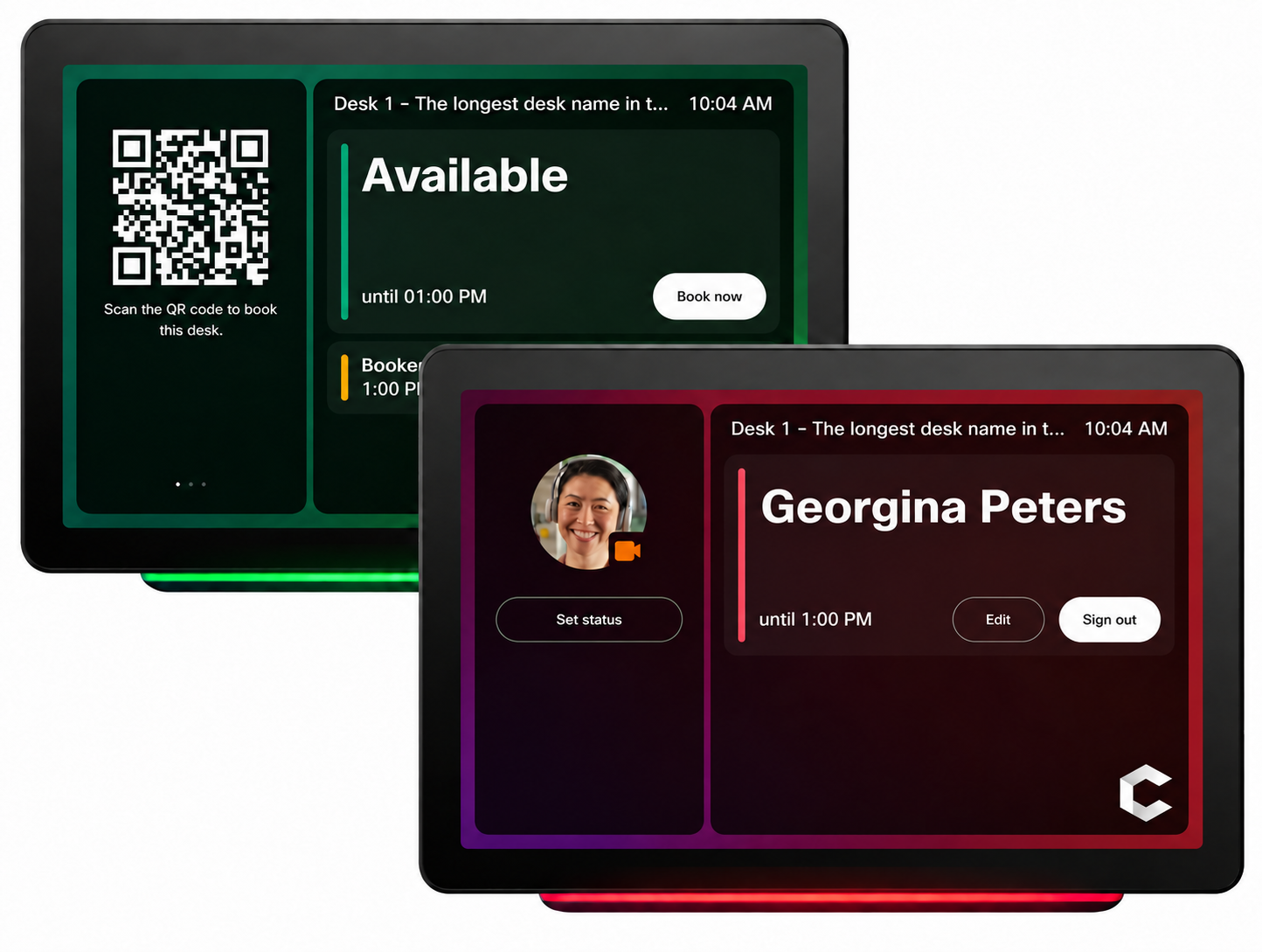 Two overlapping desk-booking screens on a white background: the rear screen shows a QR code and an available desk with a “Book now” button, while the front screen shows Georgina Peters booked until 1:00 PM with “Edit” and “Sign out” buttons.