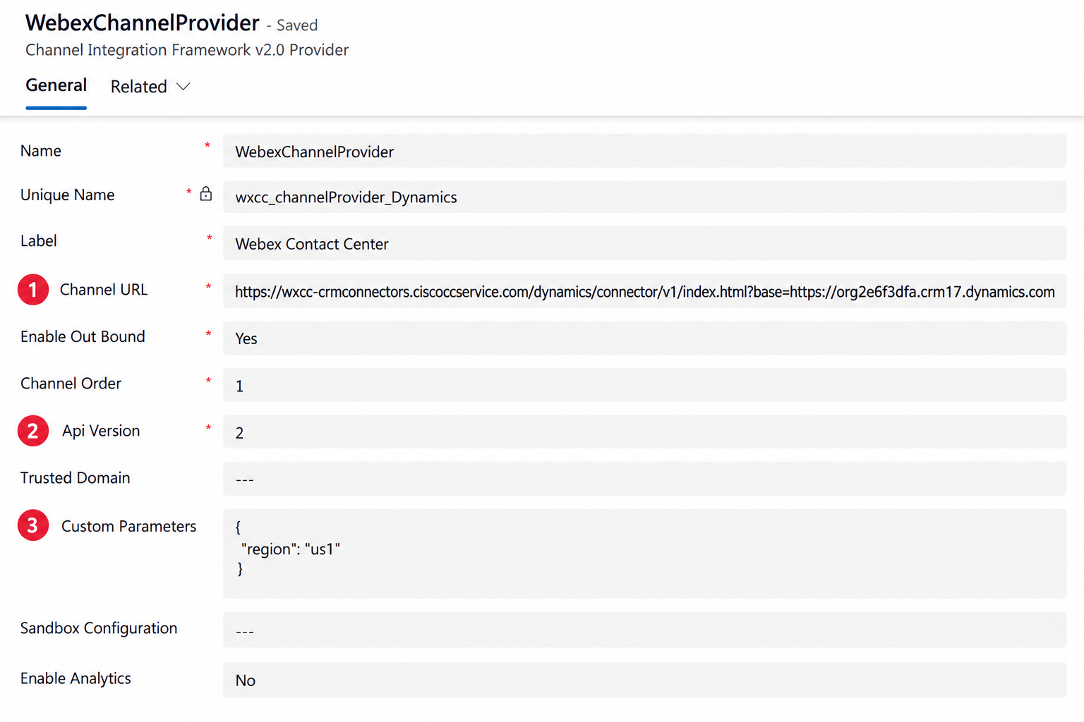 Channel provider configuration in Microsoft Dynamics 365 showing the Webex Contact Center URL, API version 2, and regional custom parameters.