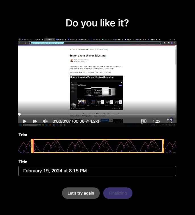 Screenshot of trim after video recording