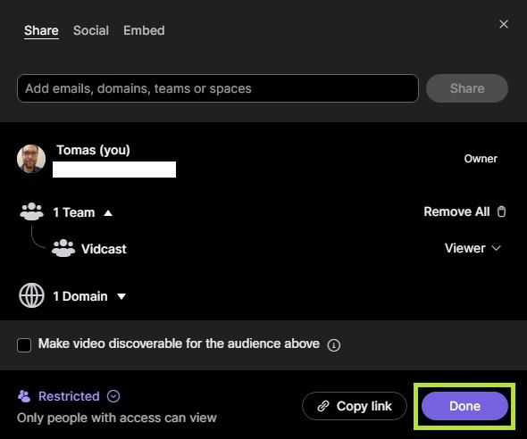 Sharing to team screenshot