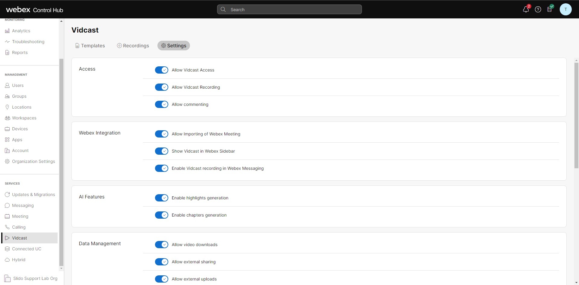Control hub organization settings screenshot