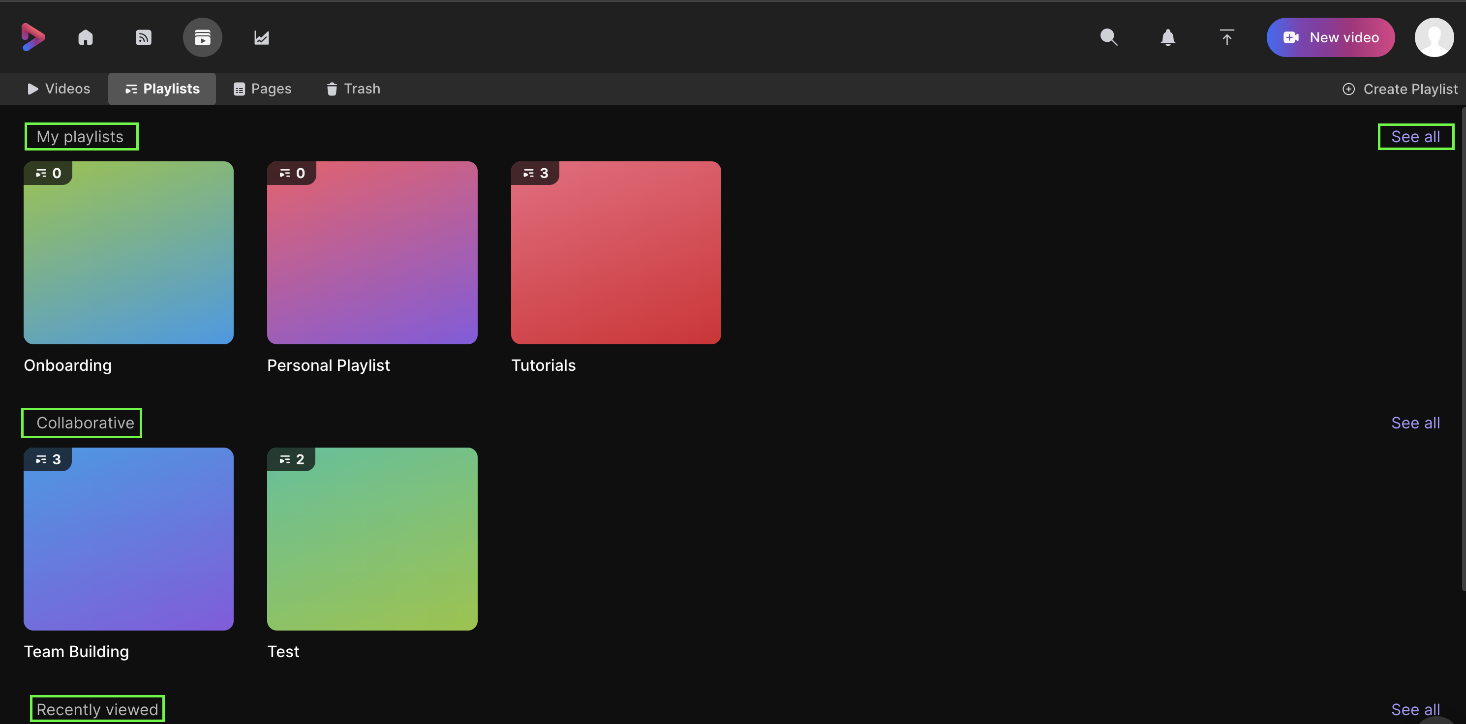 screenshot of playlist page with sections highlighted