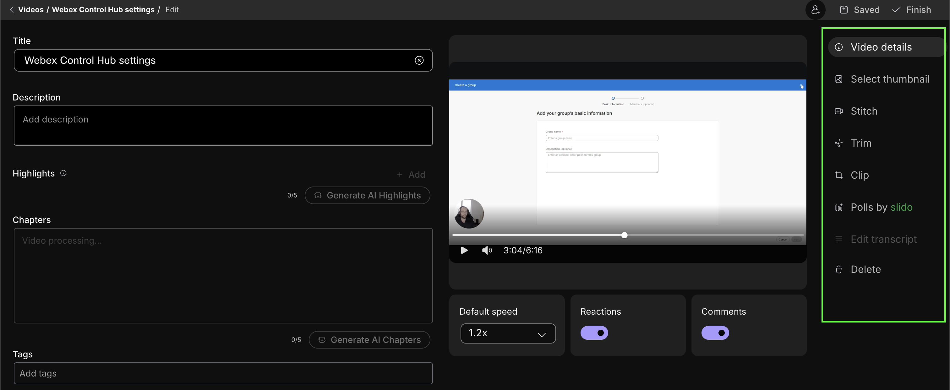 Screenshot of video details with edit tabs highlighted