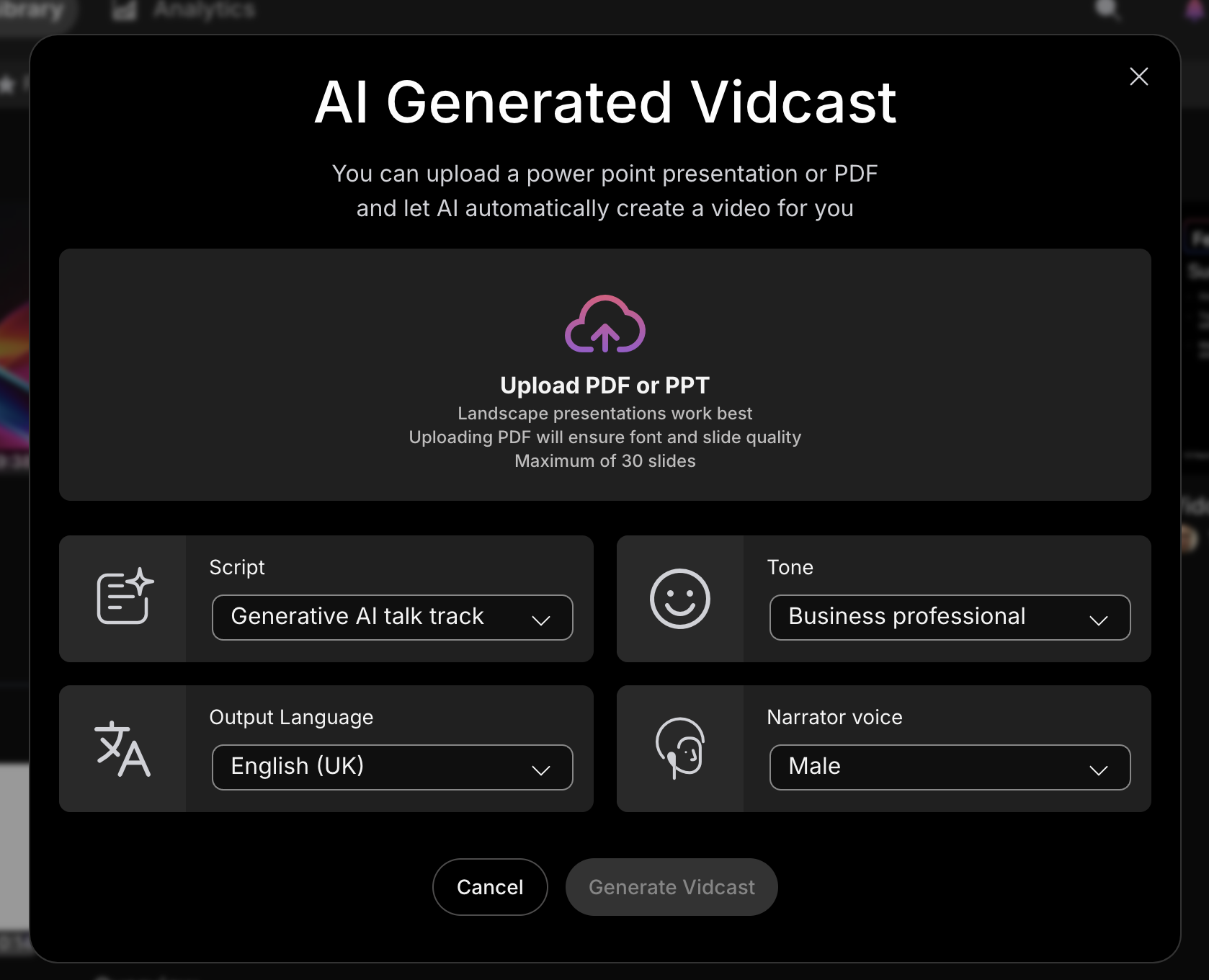Screenshot of AI generated Vidcast settings