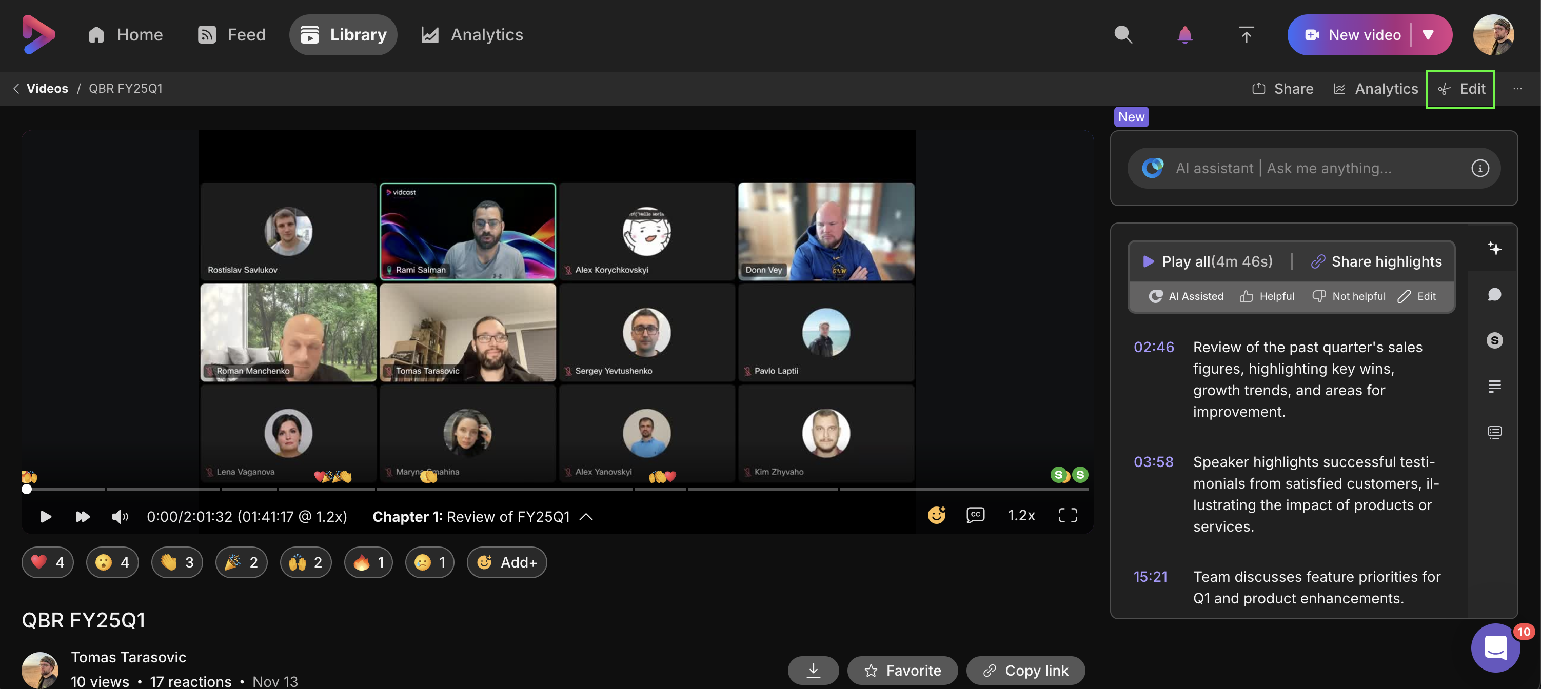 screenshot of a playback page with edit button highlighted