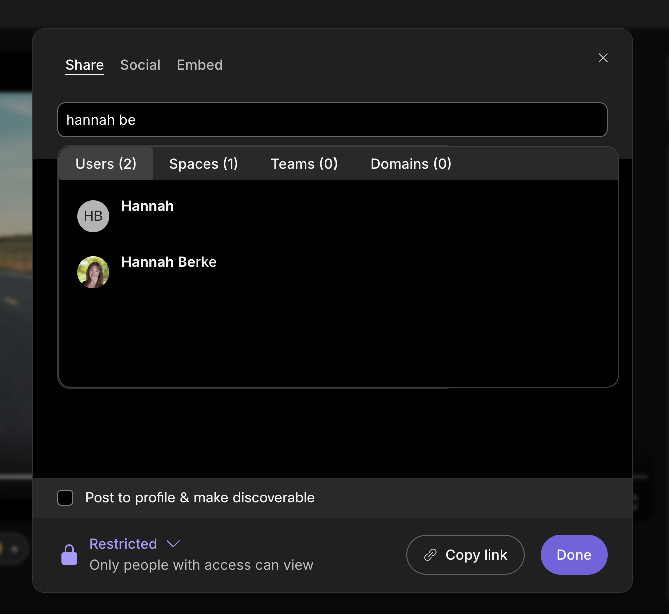 Share modal search screenshot