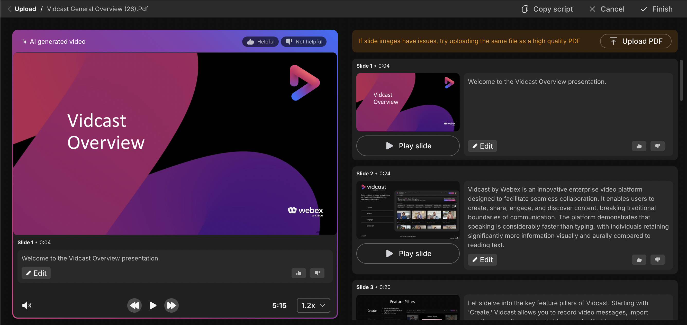 Screenshot of the AI generated vidcast edit mode