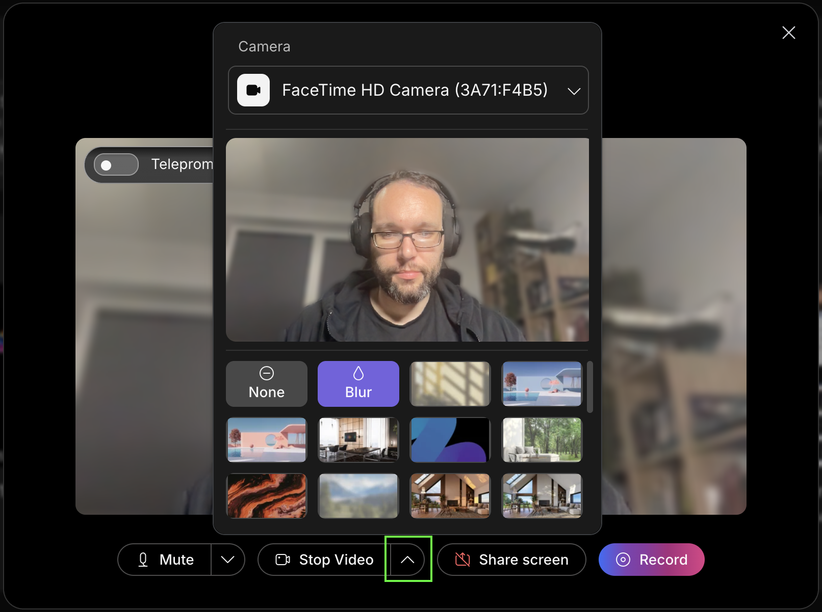 record setup window with virtual backgrounds highlighted