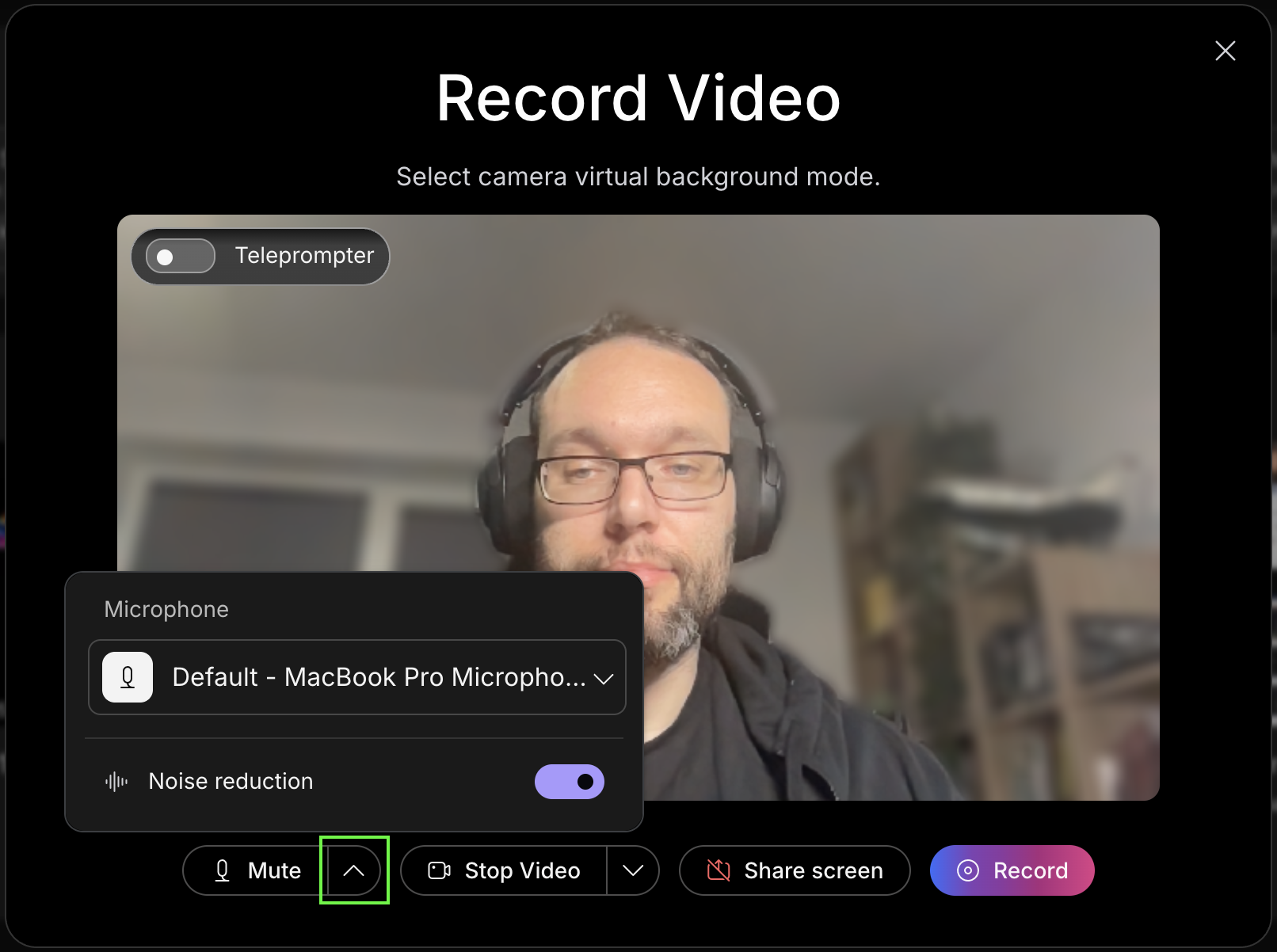 record video steup window with microphone settings selected