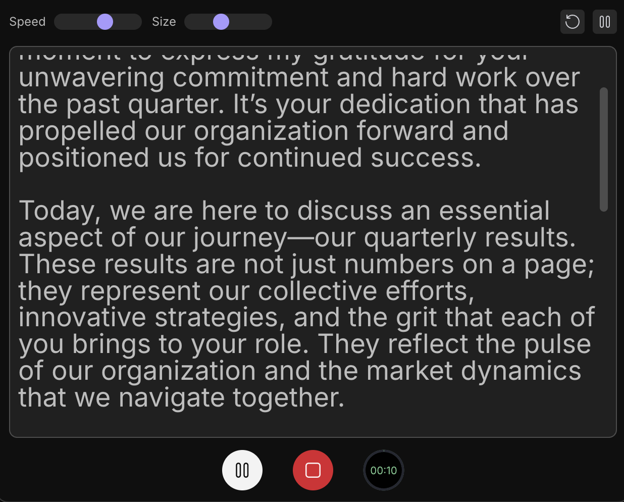 screenshot of the teleprompter window
