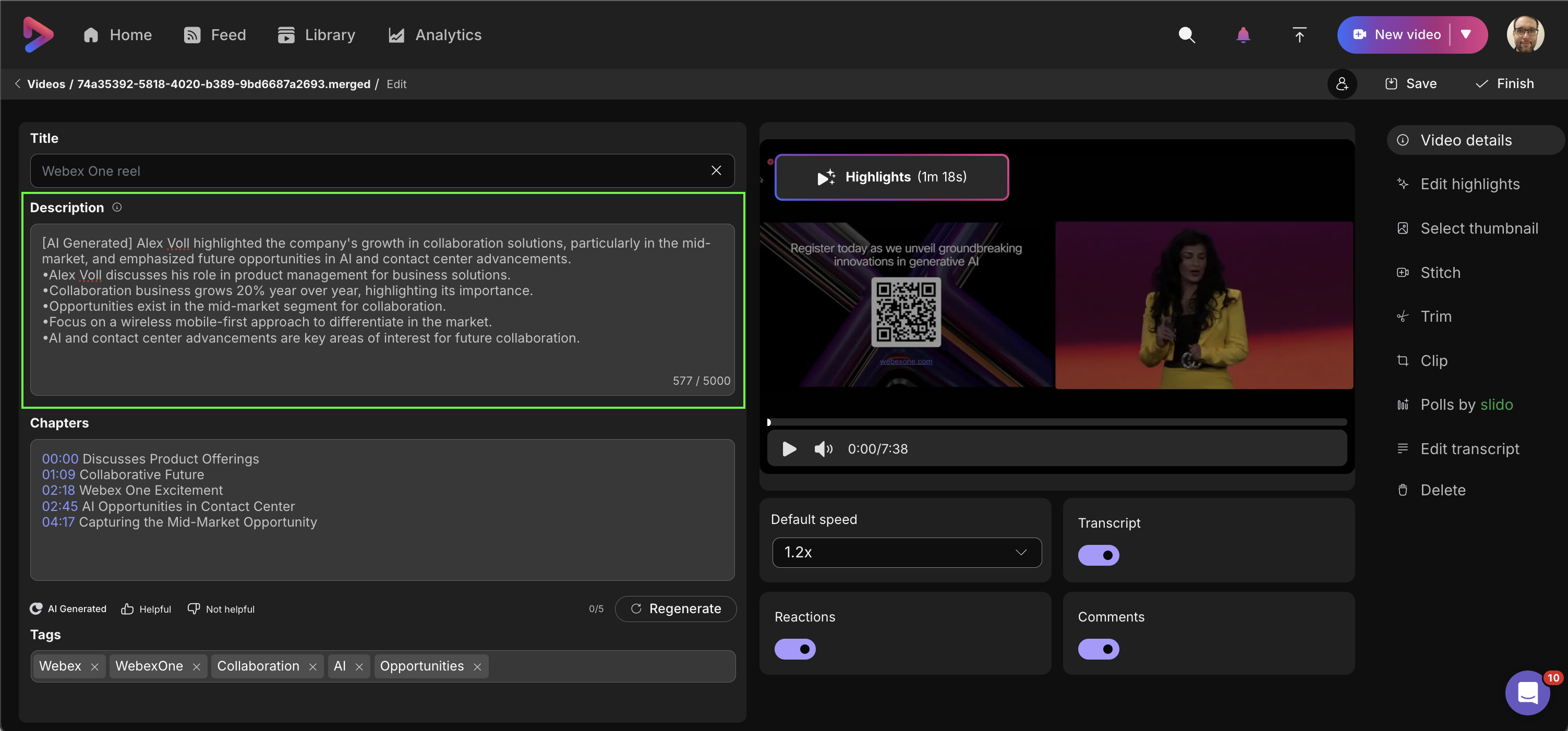 Screenshot of video details with descriptions highlighted