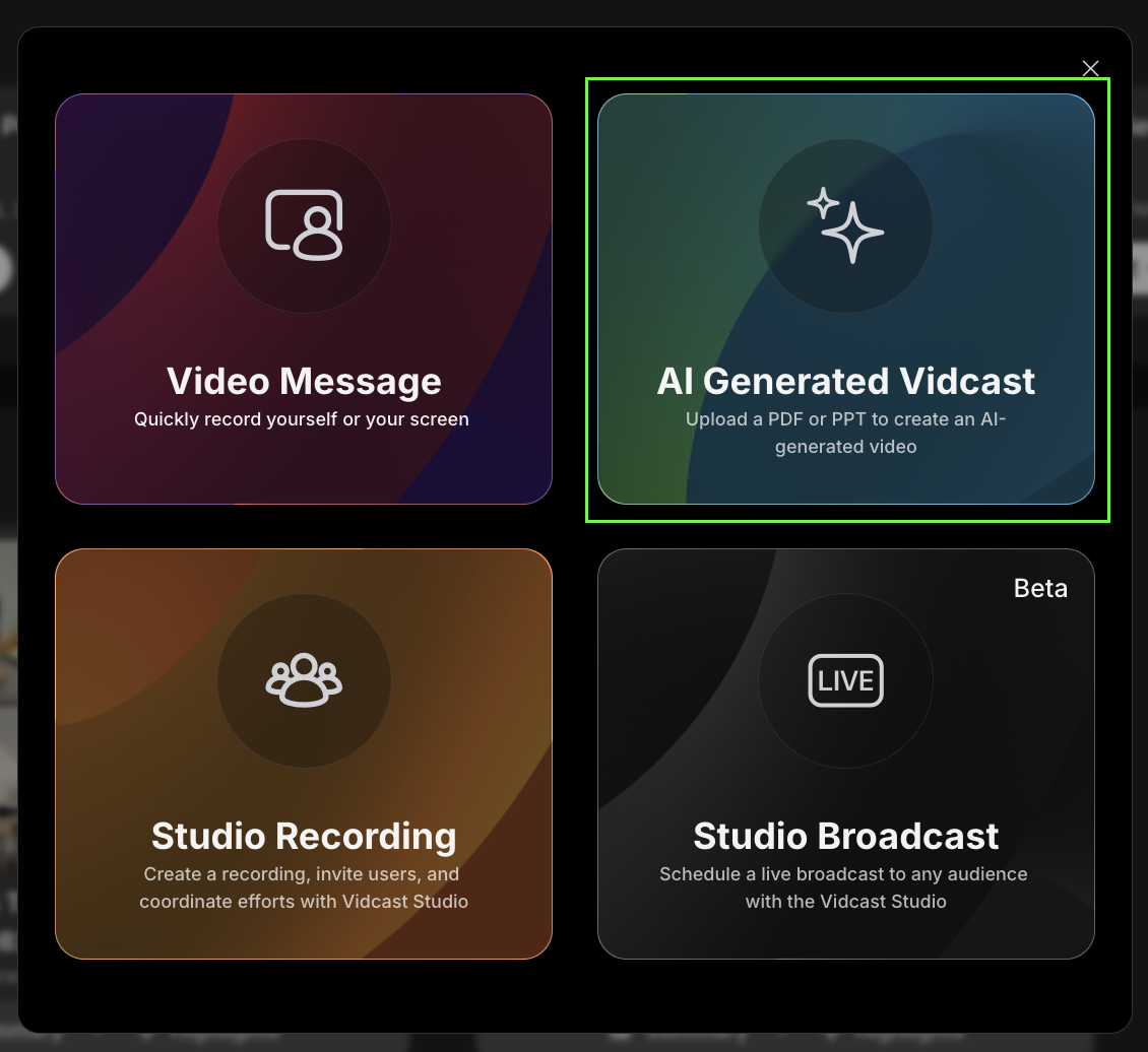 screenshot of recording menu with AI generated Vidcast highlighted