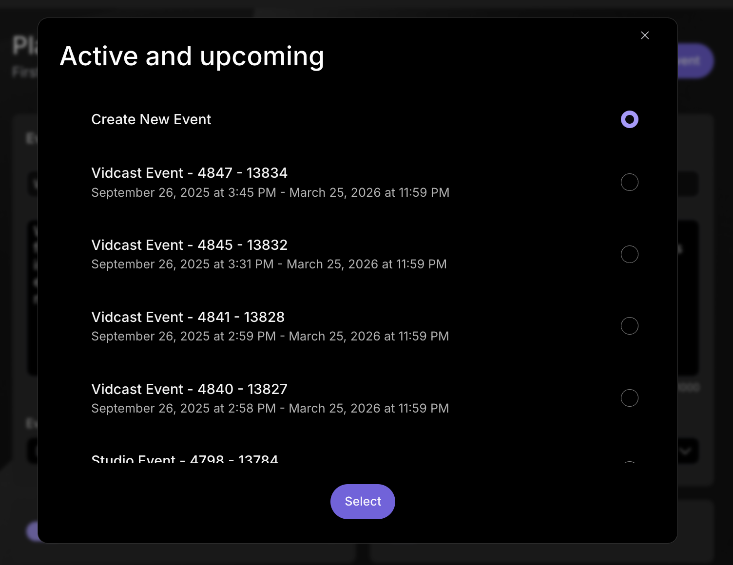 Slido active and upcoming event selection