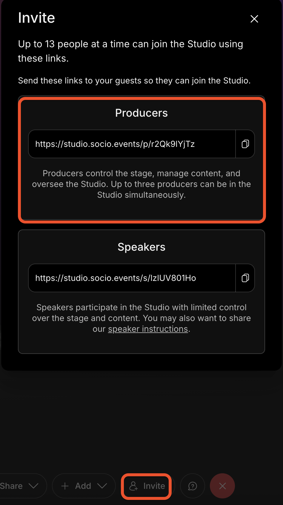 Invite modal in the Studio. Producer link is highlighted.