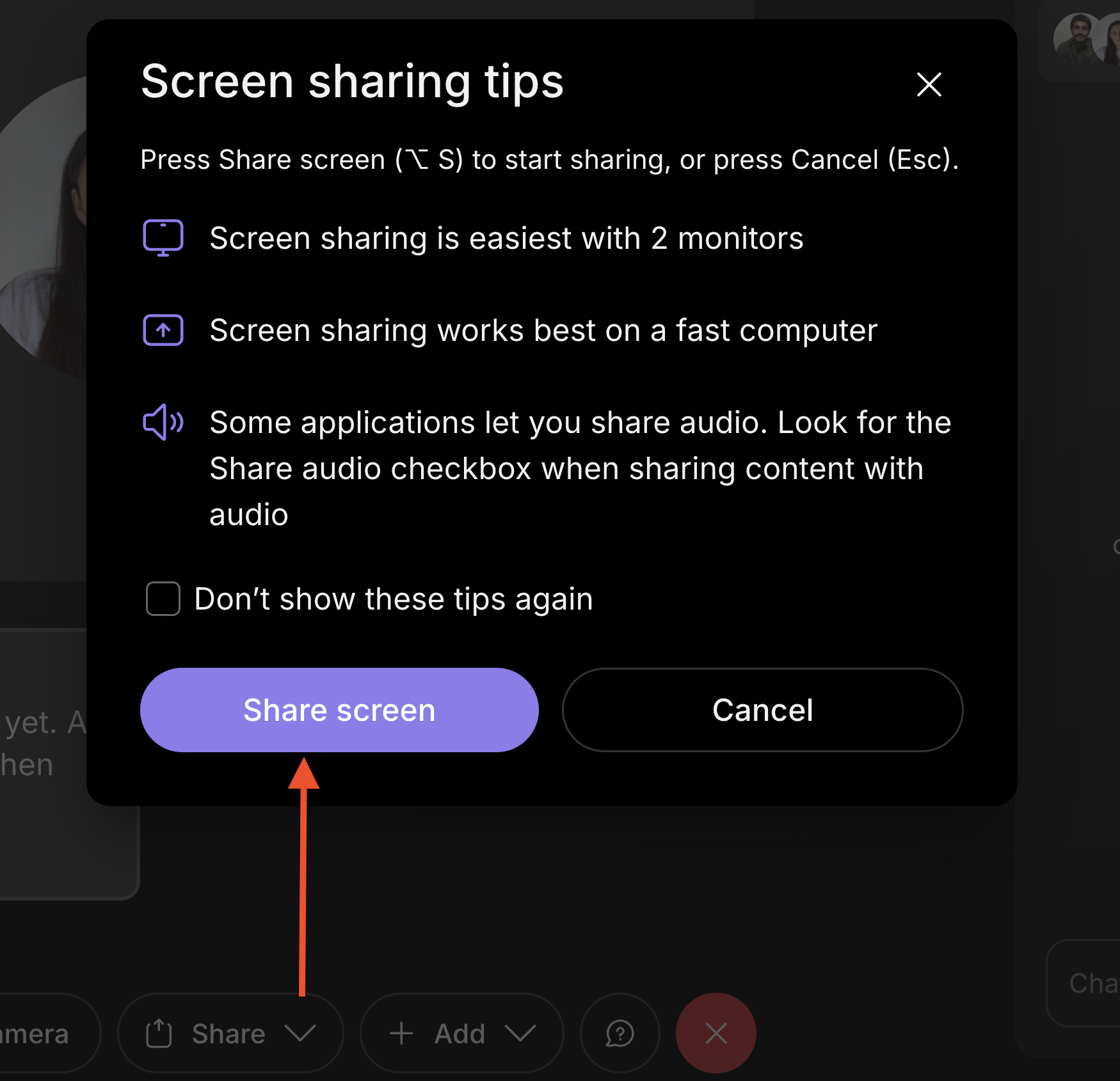 The 'Share video file' button on the 'Screen sharing tips' modal.