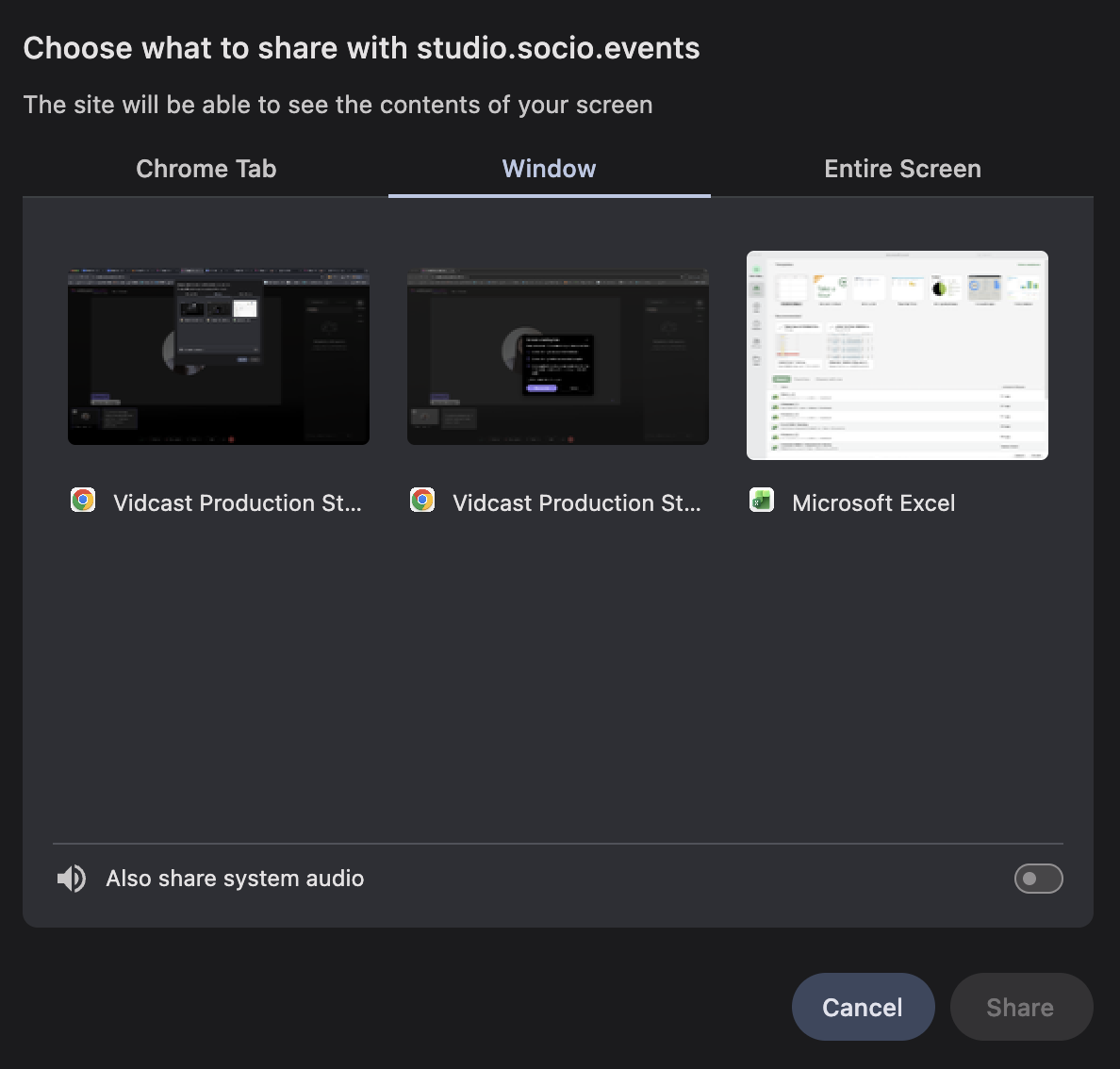A window to share selected in the screen sharing modal.