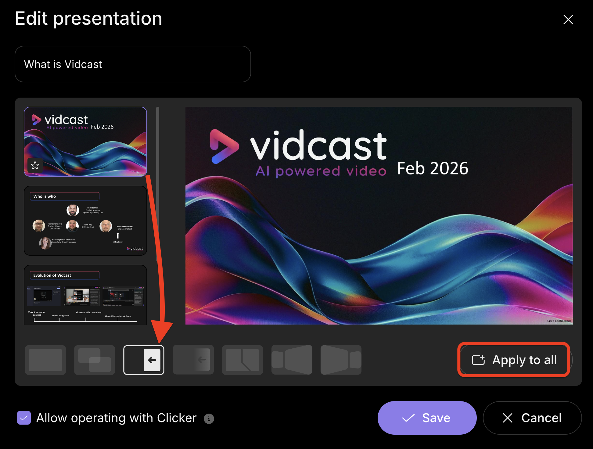 Edit modal highlighting how to select page transitions