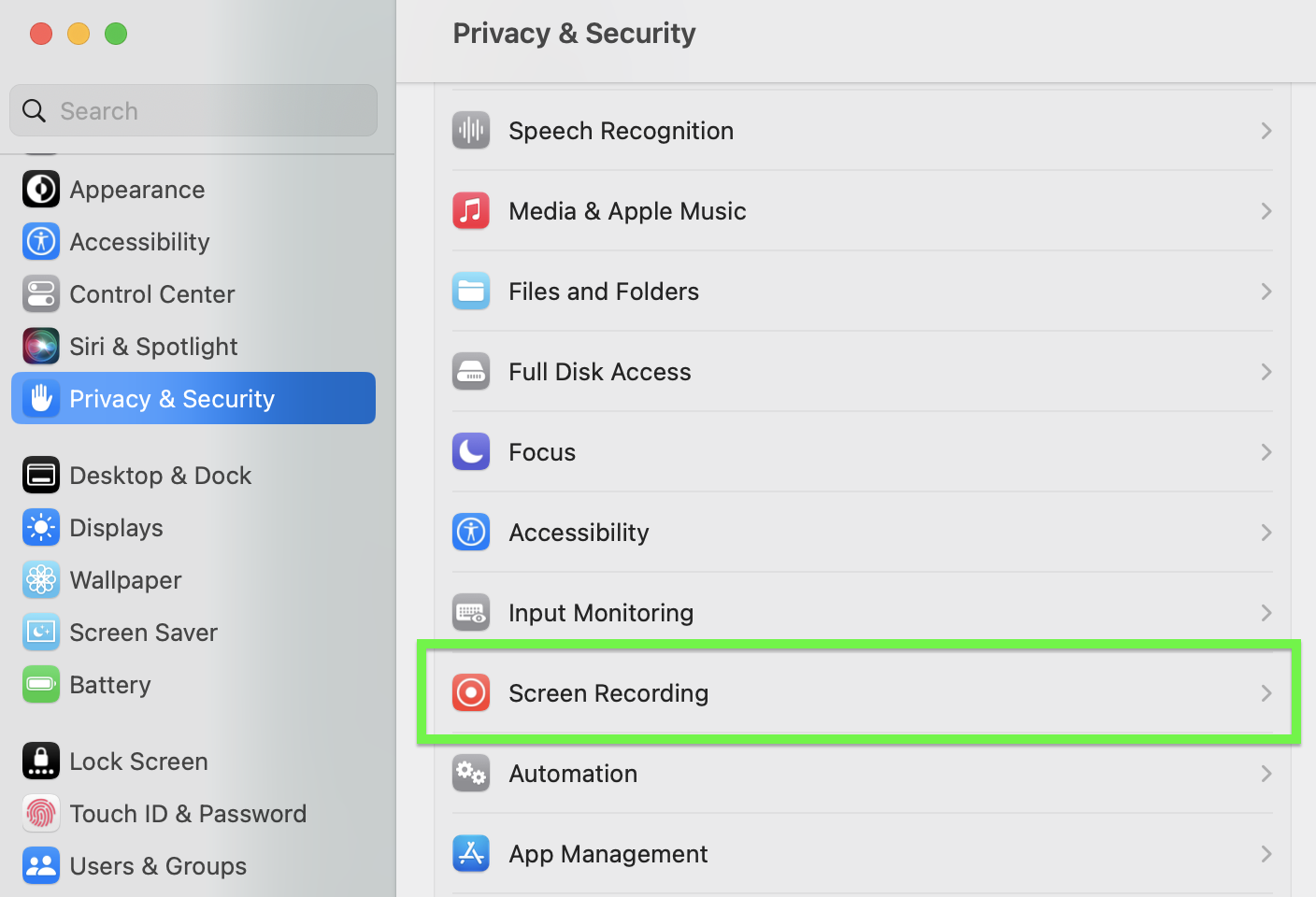 Screen recording permissions for Mac