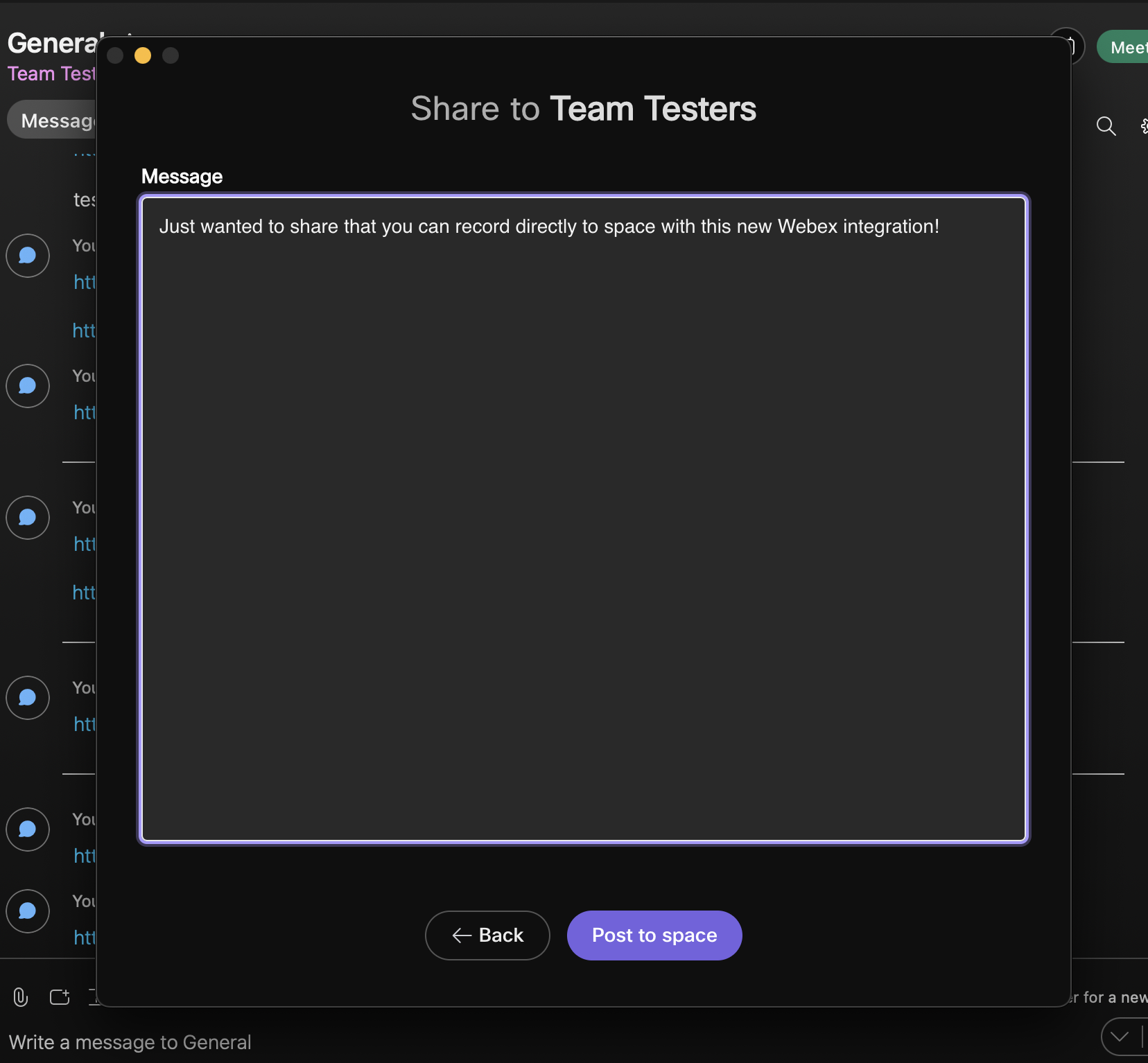 Record to space success message with a link screenshot