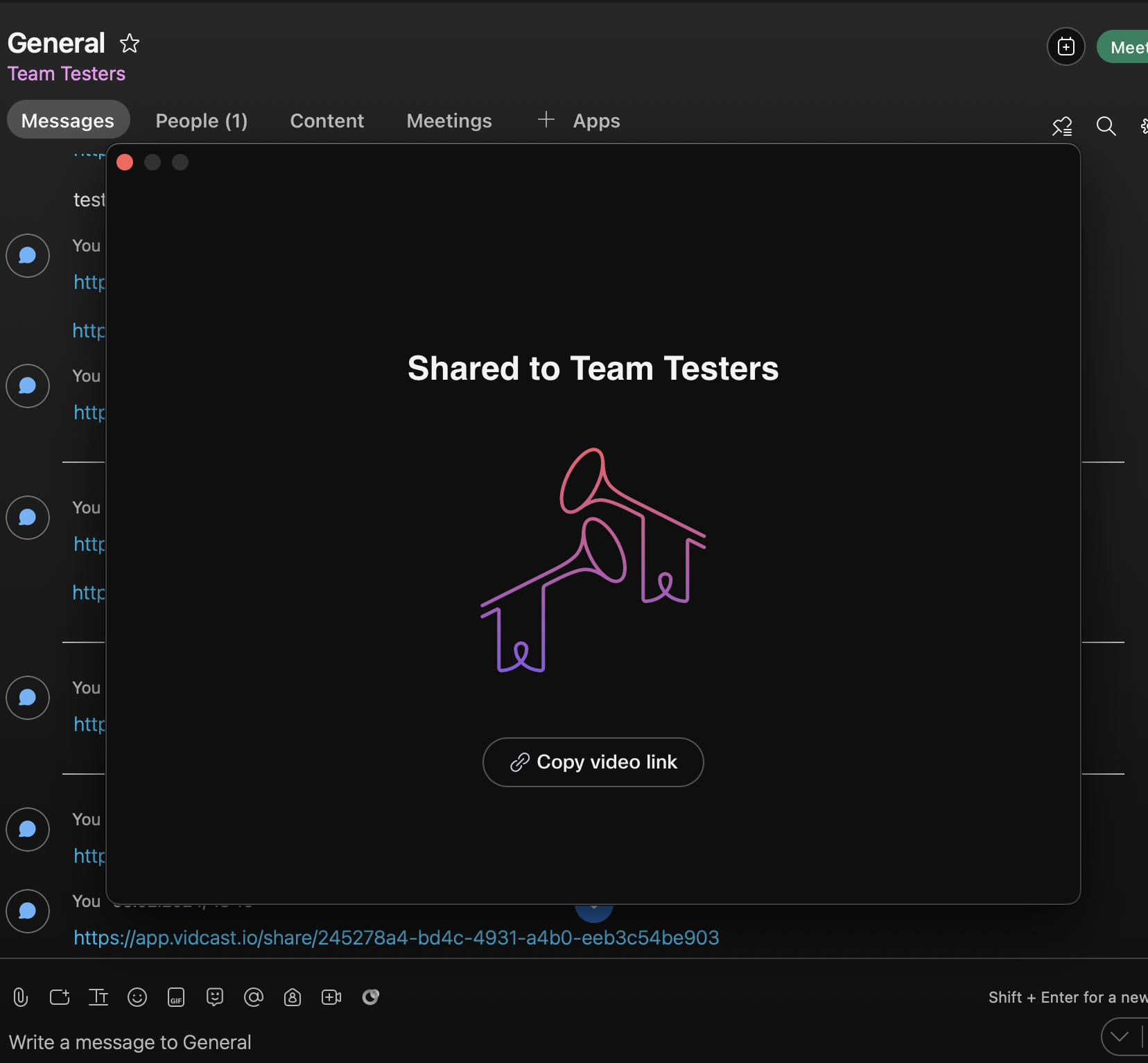 Record to space success message with a link screenshot