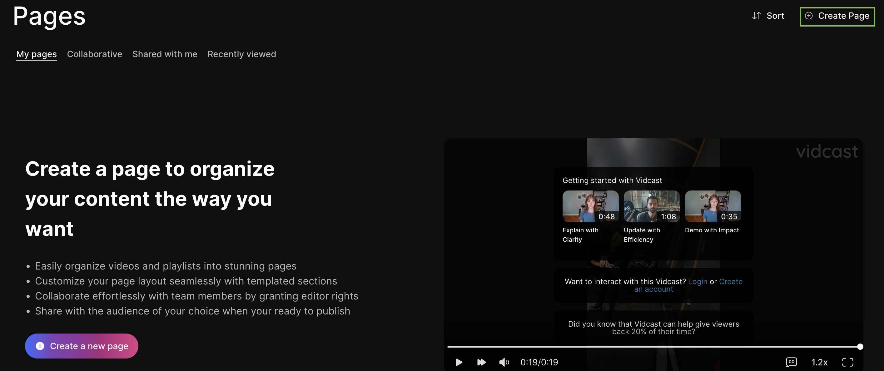 screenshot of the empty state with the create page button highlighted