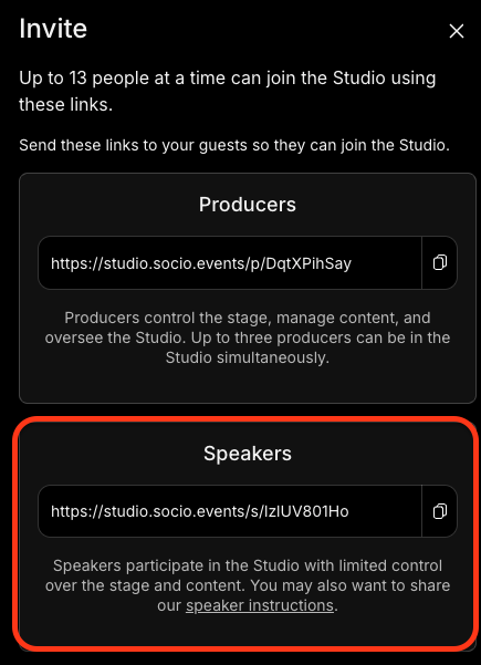 Producer and Speaker link modal after clicking Invite in the Studio. Producer link is highlighted