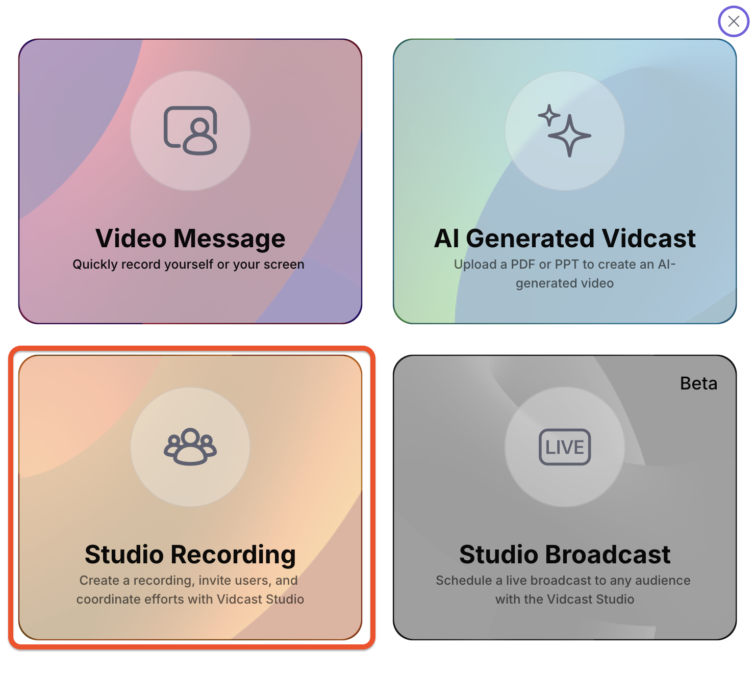 Screenshot of new video menu with studio recording launch button highlighted