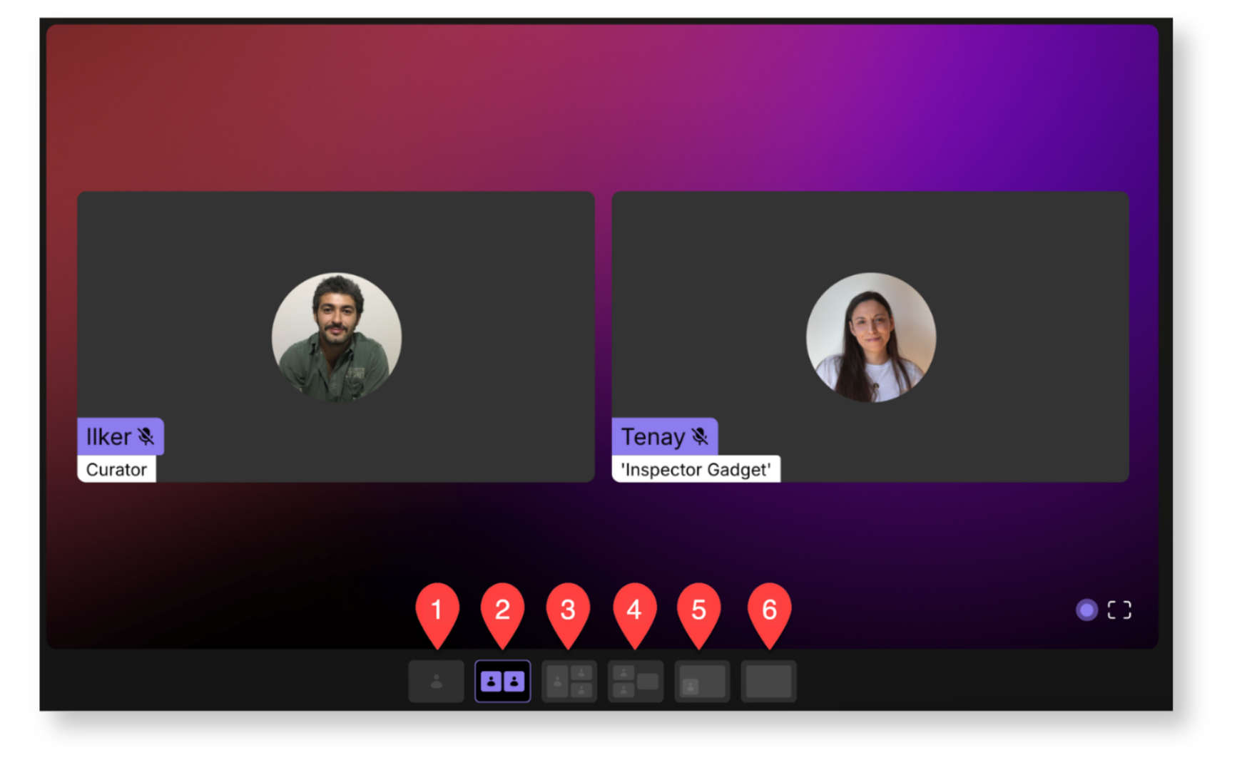 The live stream preview and layout options. Layout options are numbered 1 to 6.