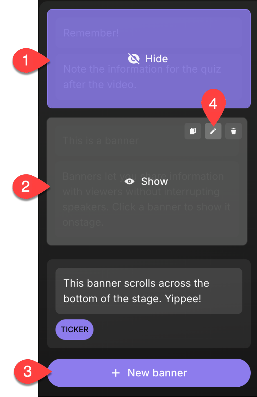 Showing and hiding a banner and the New Banner button.