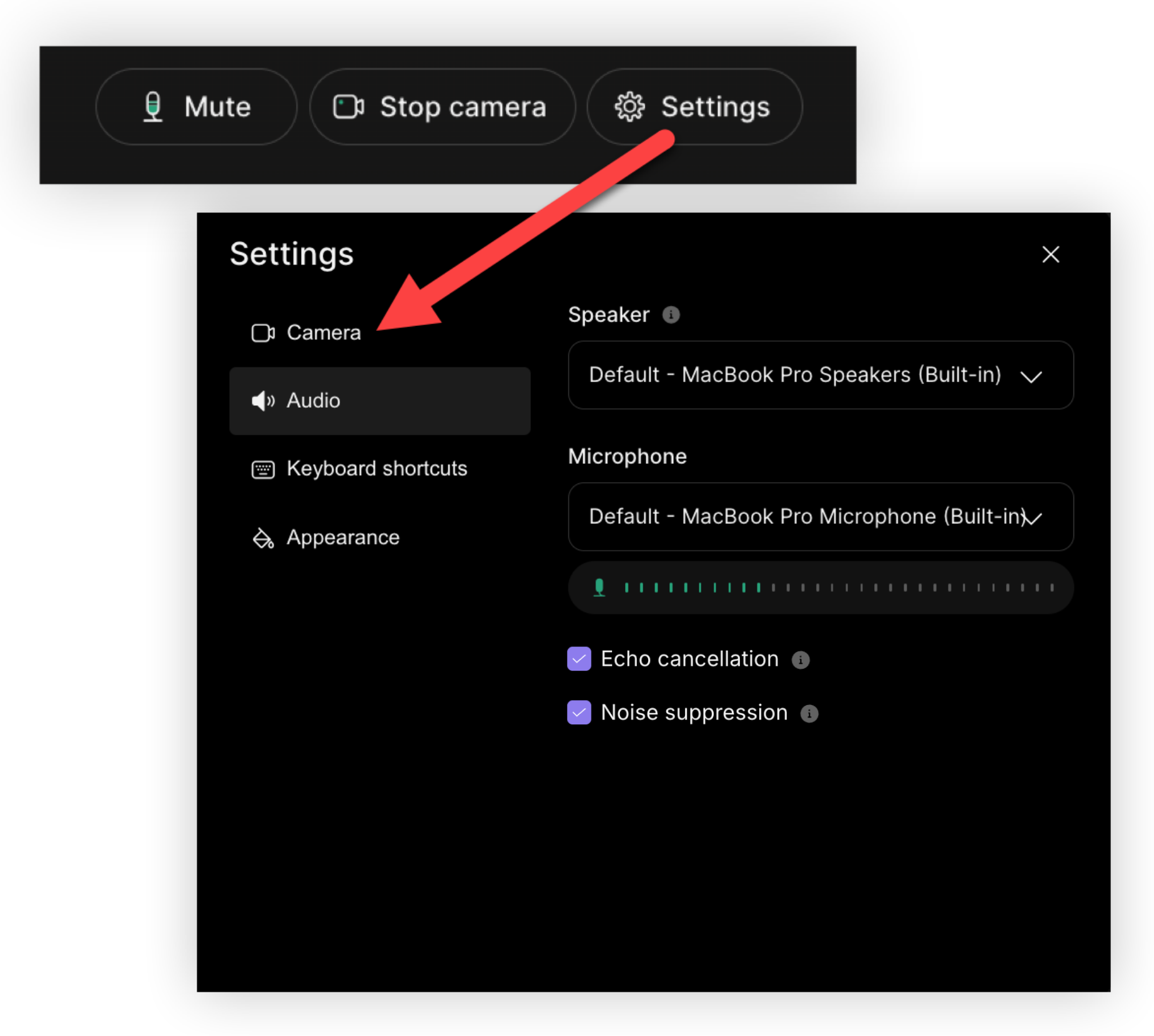 The green room 'Settings' button and the Settings modal.