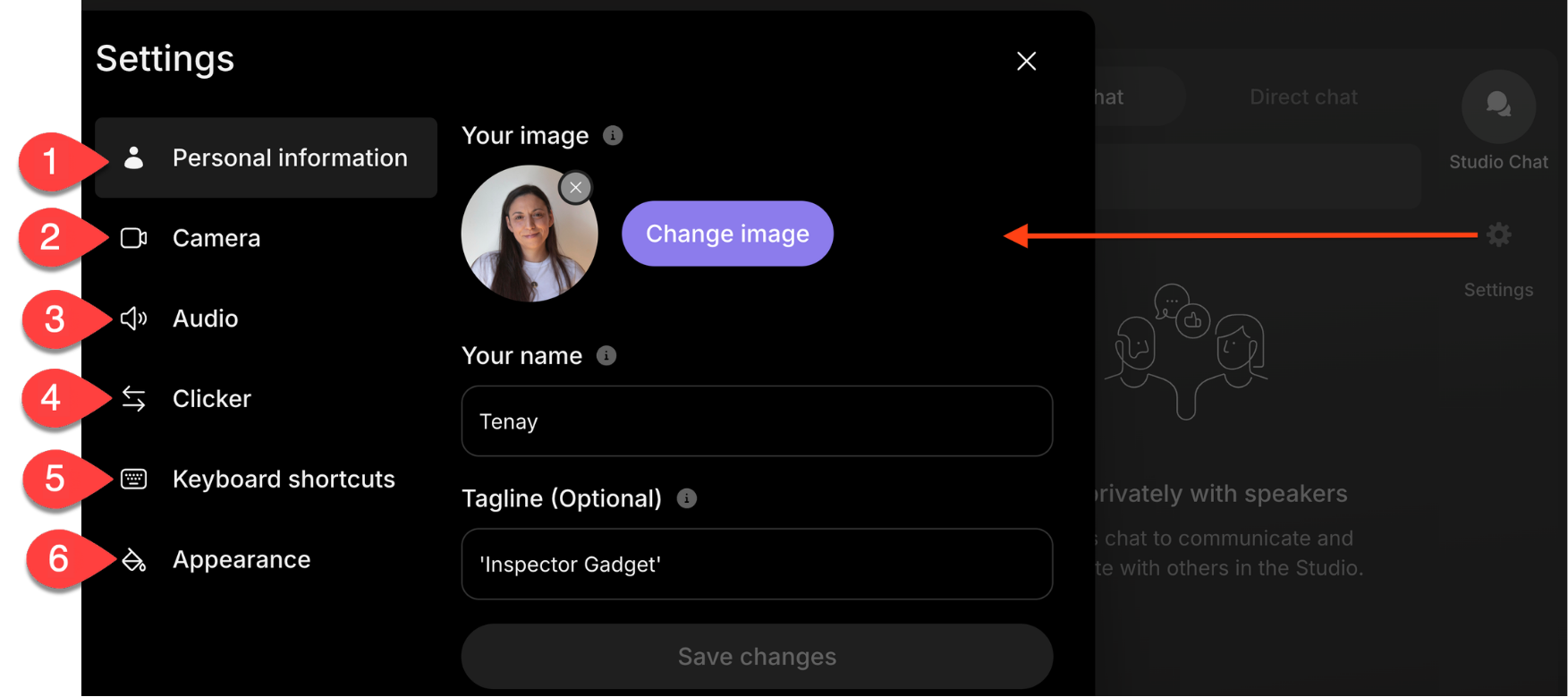 Settings page. Highlighting 6 different settings