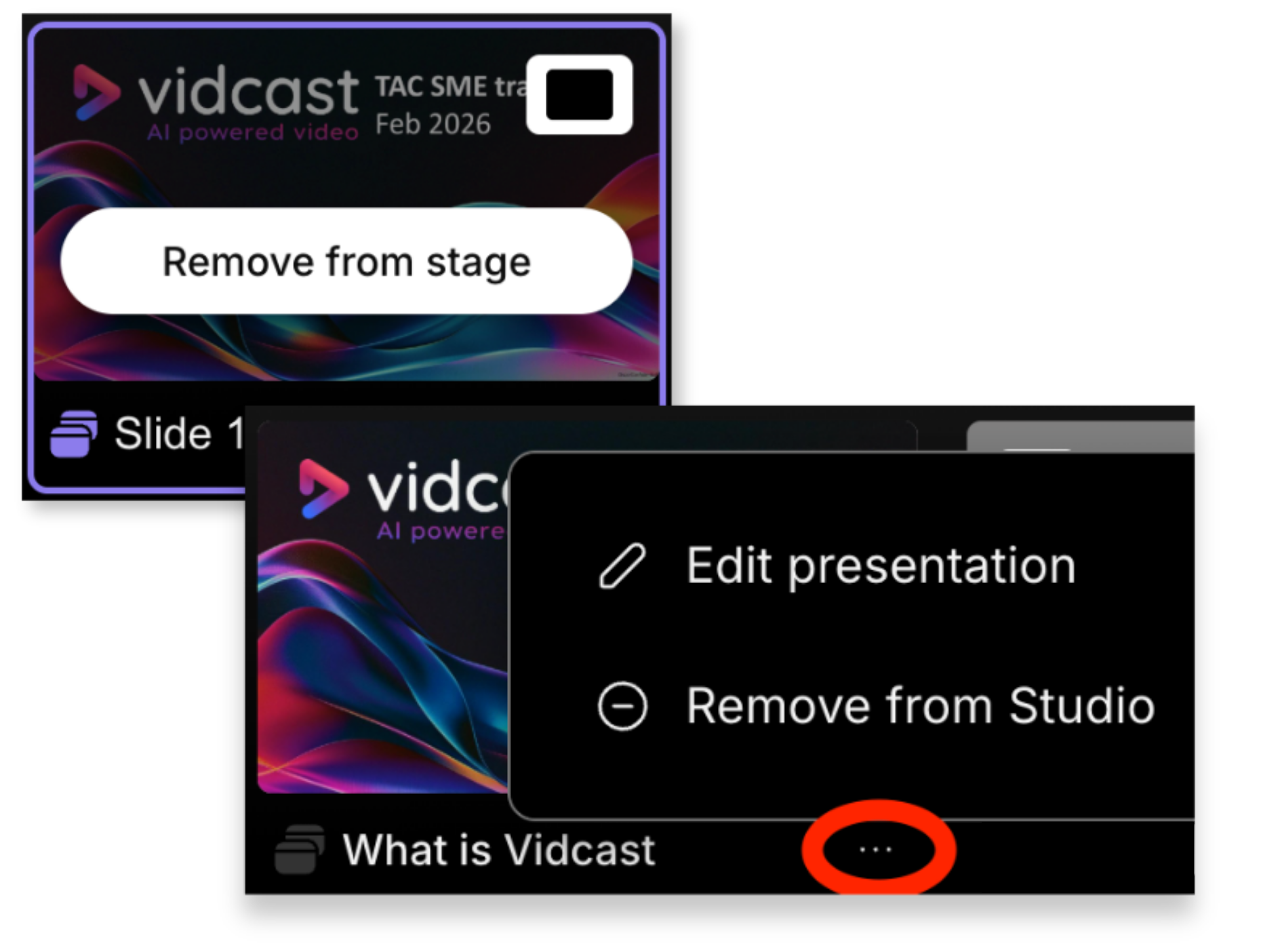 2 pictures. Above, Remove from stage button on the presentation card. Bottom picture,
            2 options that open when three dot button is clicked on the card.