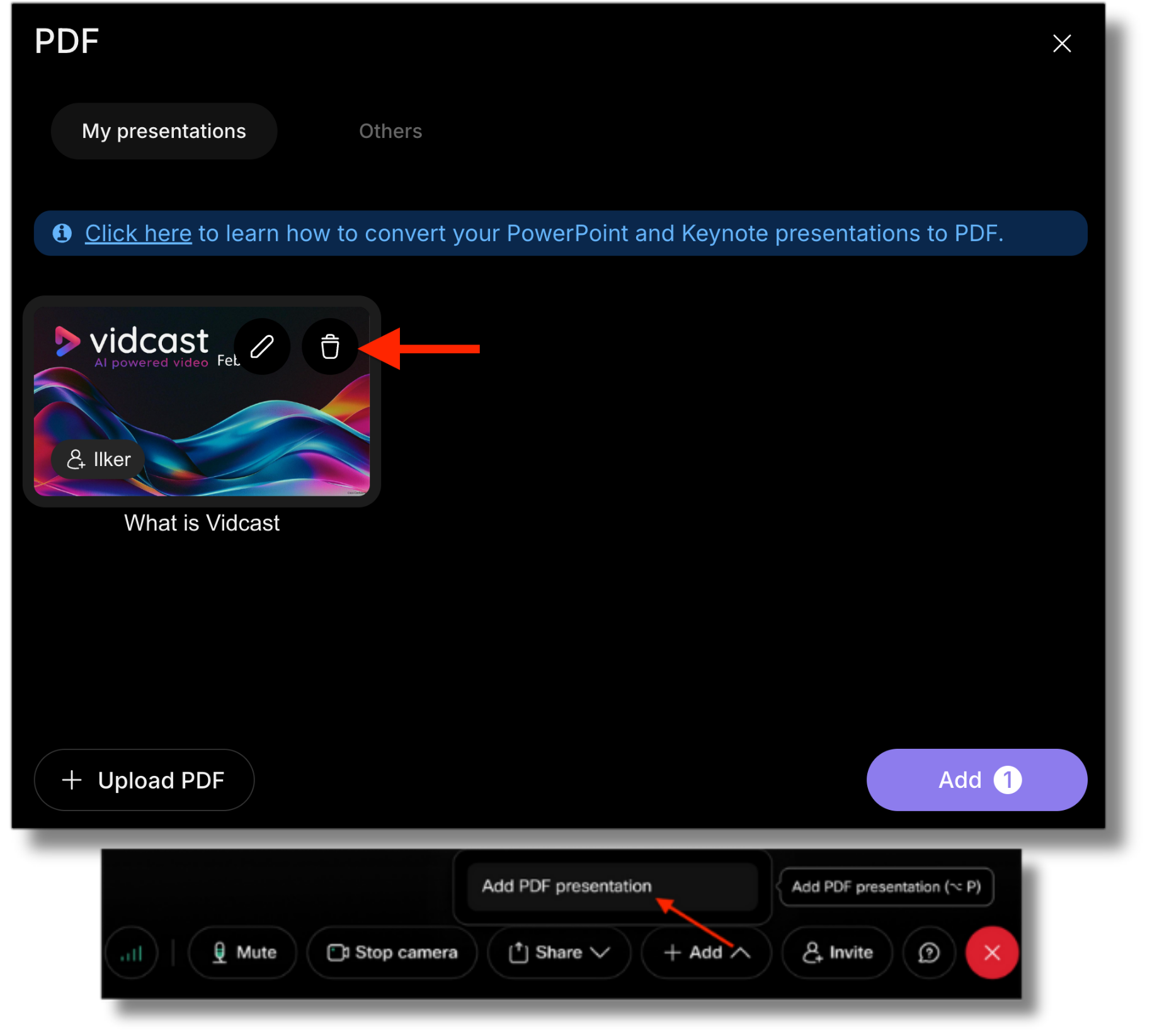 PDF Gallery with delete button highlighted